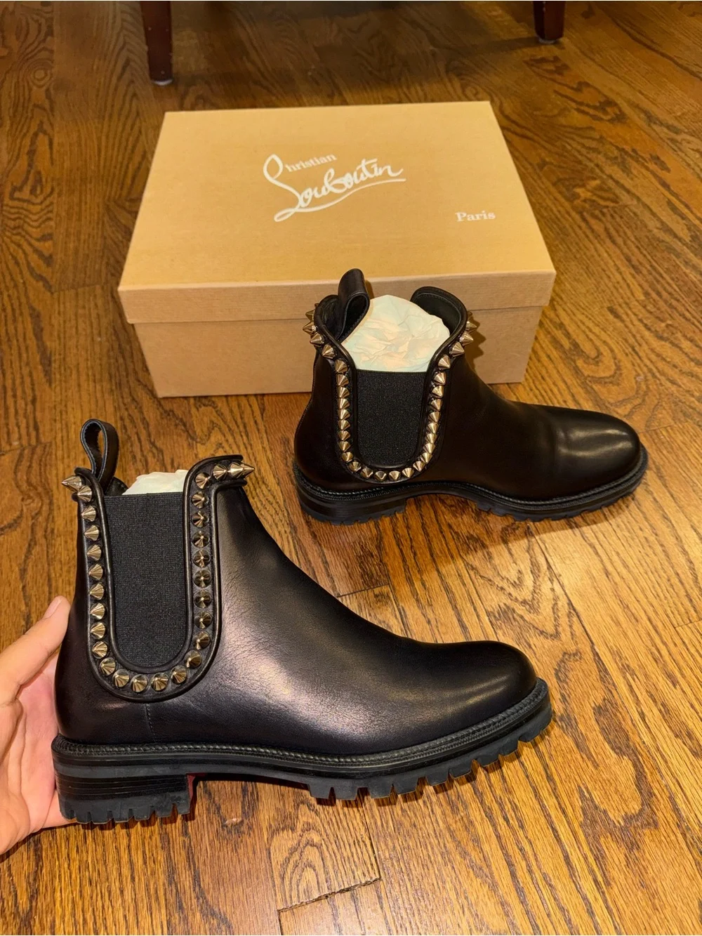 Size 38 Christian Louboutin Capahutta flat leather ankle boots black silver